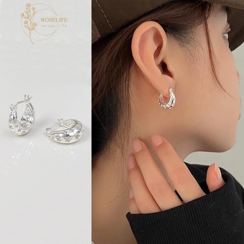 Roselife Korea Streetwear S925 Perak Berongga Bintang Chunky Hoop Anting Untuk Wanita Gadis Manis Keren Langit Berbintang Bulat Anting-Anting Pertunangan Pesta Fashion Telinga Perhiasan Hadiah