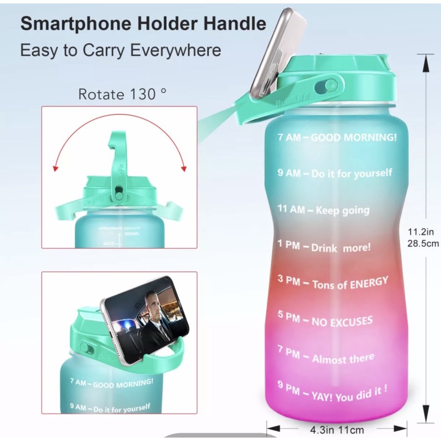 【Stiker 2D &amp; 3D Gratis】Botol Motivasi Viral Warna Pelangi 2L Korea Bottle Jumbo 2000ML Free Sticker