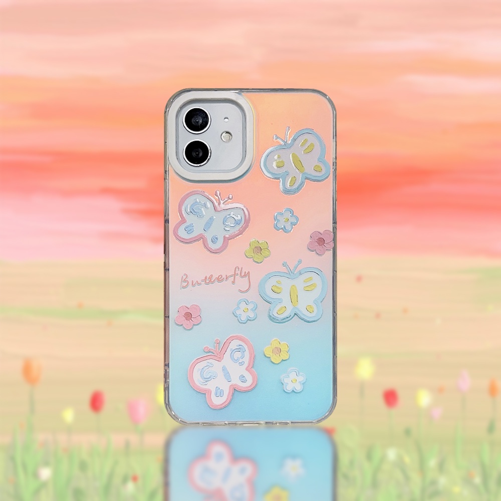 Compatible For IPhone 14 13 12 11 Pro Max X XR Xs Max 8 7 Plus SE 2020 Kompatibel Untuk Little Flower Butterfly IMD Laser Gradient Phone Case TPU Lembut Shockproof Cover Pelindung