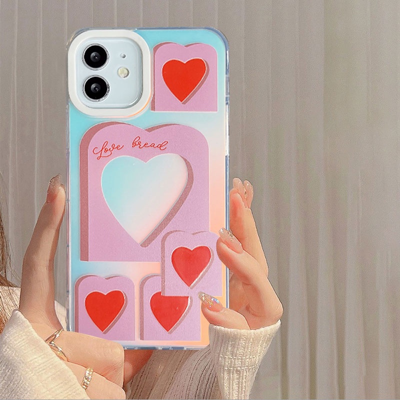 Compatible For IPhone 14 13 12 11 Pro Max X XR Xs Max 8 7 Plus SE 2020 Kompatibel Untuk Love Heart Pink IMD Laser Gradient Phone Case TPU Lembut Shockproof Cover Pelindung