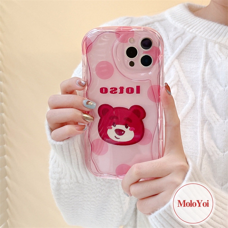 IPHONE 3d Wave Point Kartun Strawberry Bear Cute Case Kompatibel Untuk Iphone11 14 13 12 Pro Max 6 7 6s 8 Plus XR X XS Max 7Plus SE 2020 Wavy Curved Edge Glossy Shockproof Shell Cover