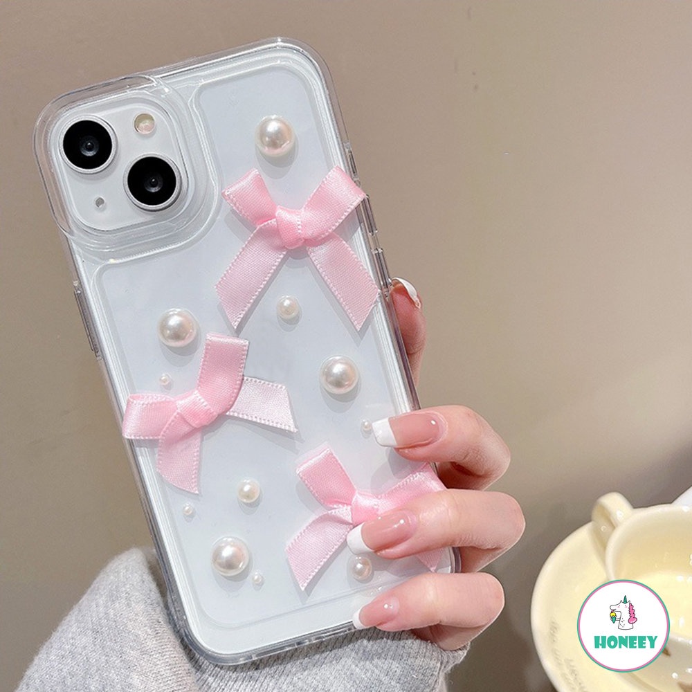 IPHONE Korea Lucu 3D Mutiara Pita Busur Lembut Transparan Phone Case Untuk Iphone14 13 12 11 Pro Max 14 Pro Lembut Shockproof Cover