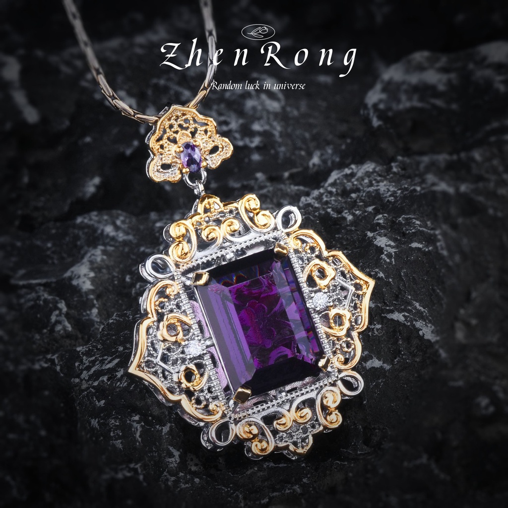 Goldkingdom Aksesoris Perhiasan Fashion Ready Stock Anyaman Ukir Emas Amethyst Istana Angin Renda Berongga Berlian Ungu Liontin Kalung