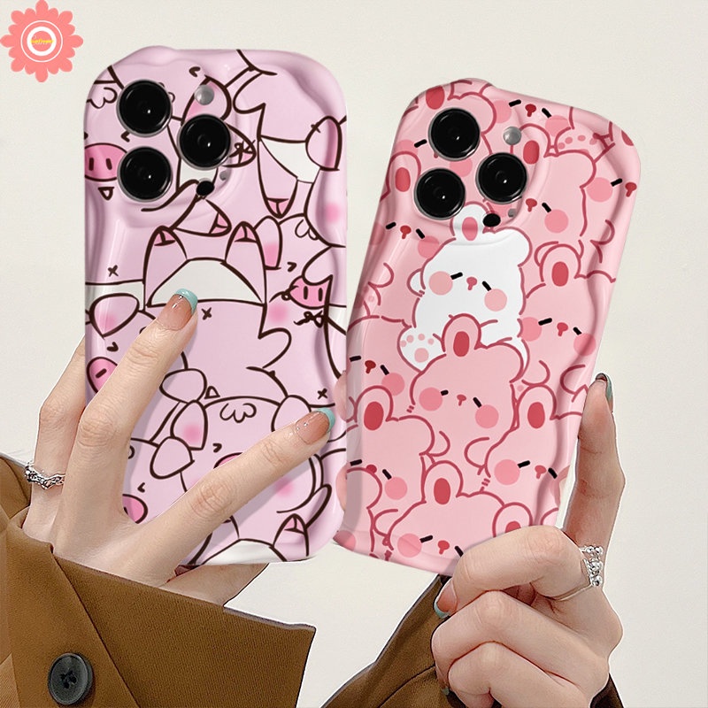 Lovely Kartun Babi Kelinci Lucu Case Untuk Samsung A14 A24 A23 A04s A52 A32 A13 A50 A12 A30s A04 A03 A03s A02s A20 A30 A20s A10s A51 A21s A11 3D Wavy Curved Edge Glossy Soft Cover