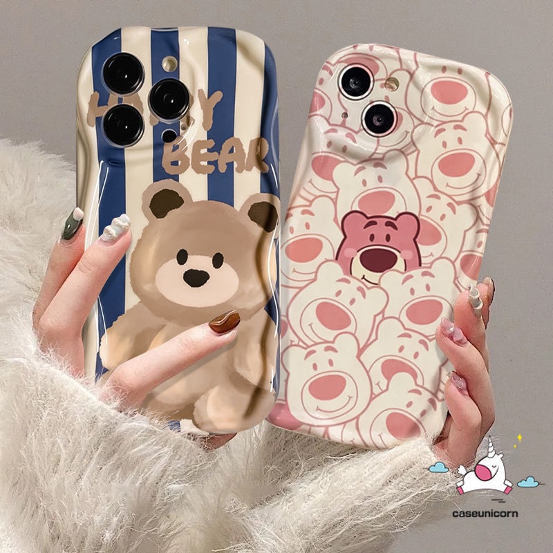 Cute Strawberry Bear 3D Wavy Curved Edge Case Untuk Redmi 9C 9T 10C 10 9A 9 10A 9C NFC A1 A2 Note10 11 10s 11s 10Pro 10 Pro Max Plus POCO M3 Cute Kartun Beruang Garis Lembut Tpu Cover