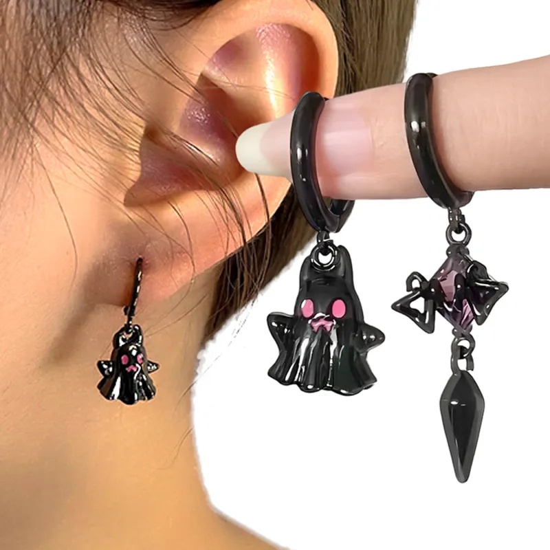 Ins Style Gothic Anting Hantu Kecil/Giwang Telinga Berlian Air Pink Asimetris Lucu/Y2k Pendant Earring