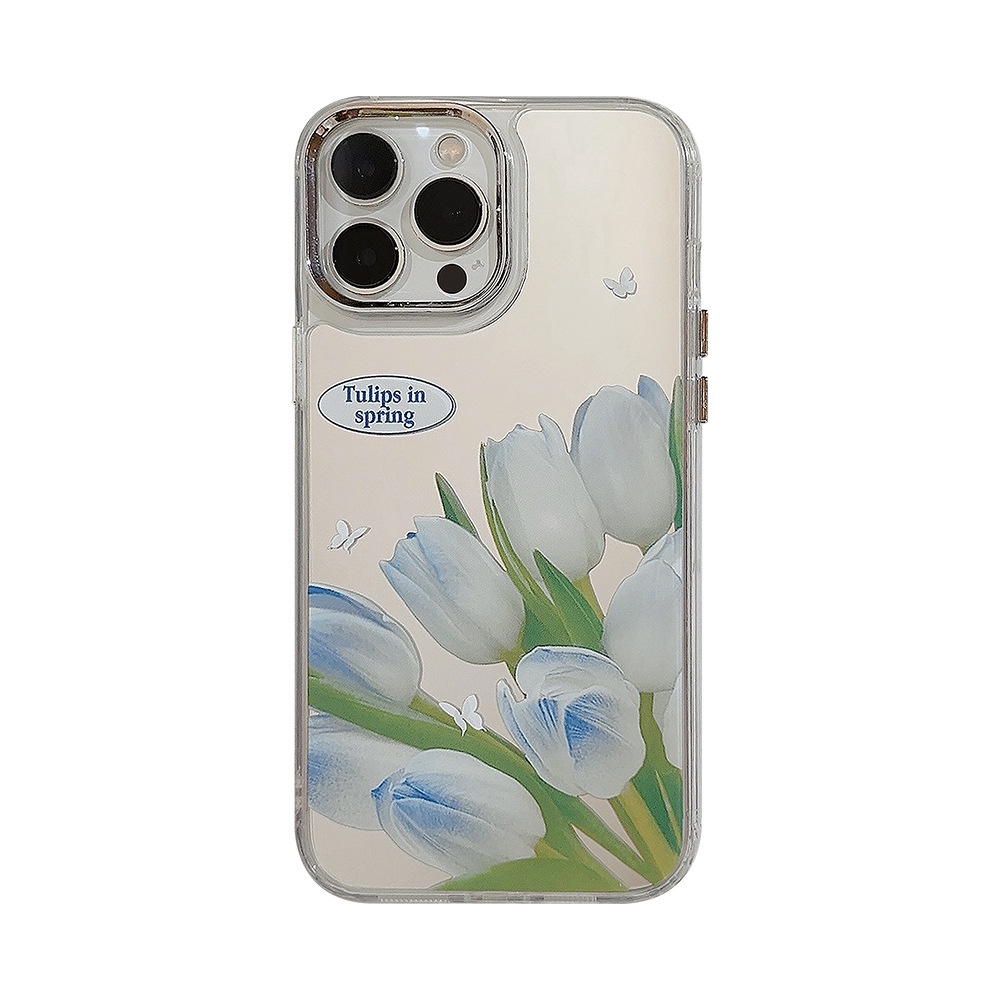 IPHONE Ins Blue-dyed Tulips Plating Mirror Casing Transparan Untuk Iphone14 11 12 13 PRO MAX Casing Cover Pelindung AT0316