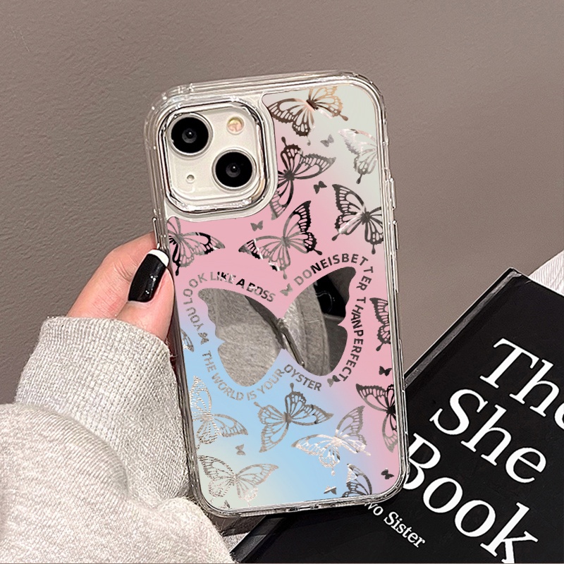 IPHONE Biru Pink Smudged Butterfly Mirror Phone Case Kompatibel Untuk Iphone11 12 13 14 12Pro 13Pro 14Pro Pro Max XR X XS Max Electroplating Tombol Perlindungan Mirror Cover