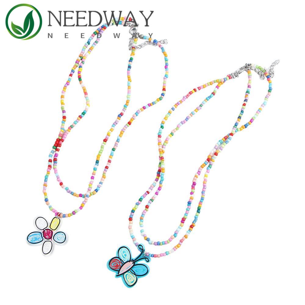 Needway   Bohemian Kalung Gadis Vintage Sederhana Klavikula Rantai Kupu-Kupu Gaya Etnik Musim Panas Manik-Manik Warna-Warni Padi Manik Kalung