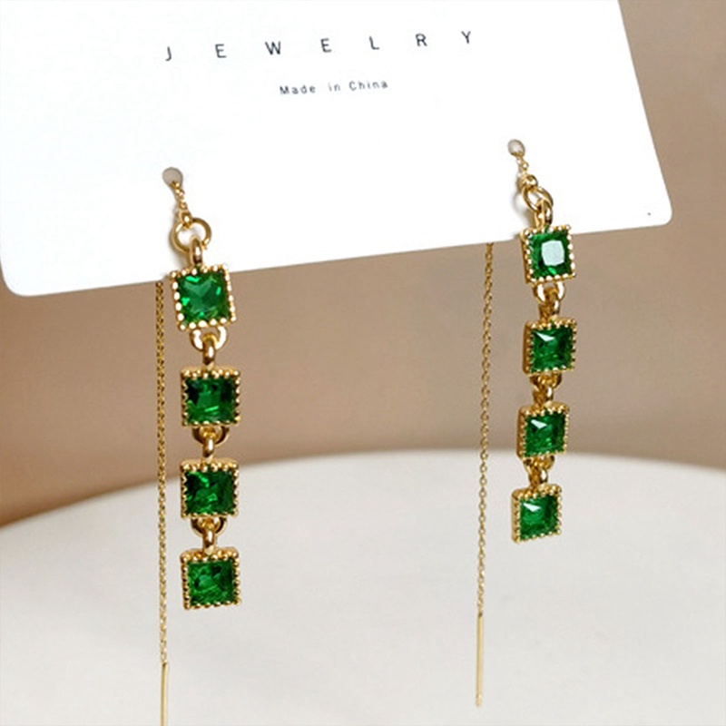 Wanita Kawat Anting Gantung Persegi Hijau Cubic Zircon Earrings Untuk Pesta Pernikahan Korea Fashion Perhiasan