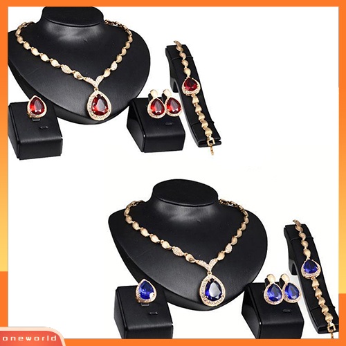 [ONE] Wanita Fashion Berlian Imitasi Liontin Kalung Cincin Gelang Anting Set Perhiasan