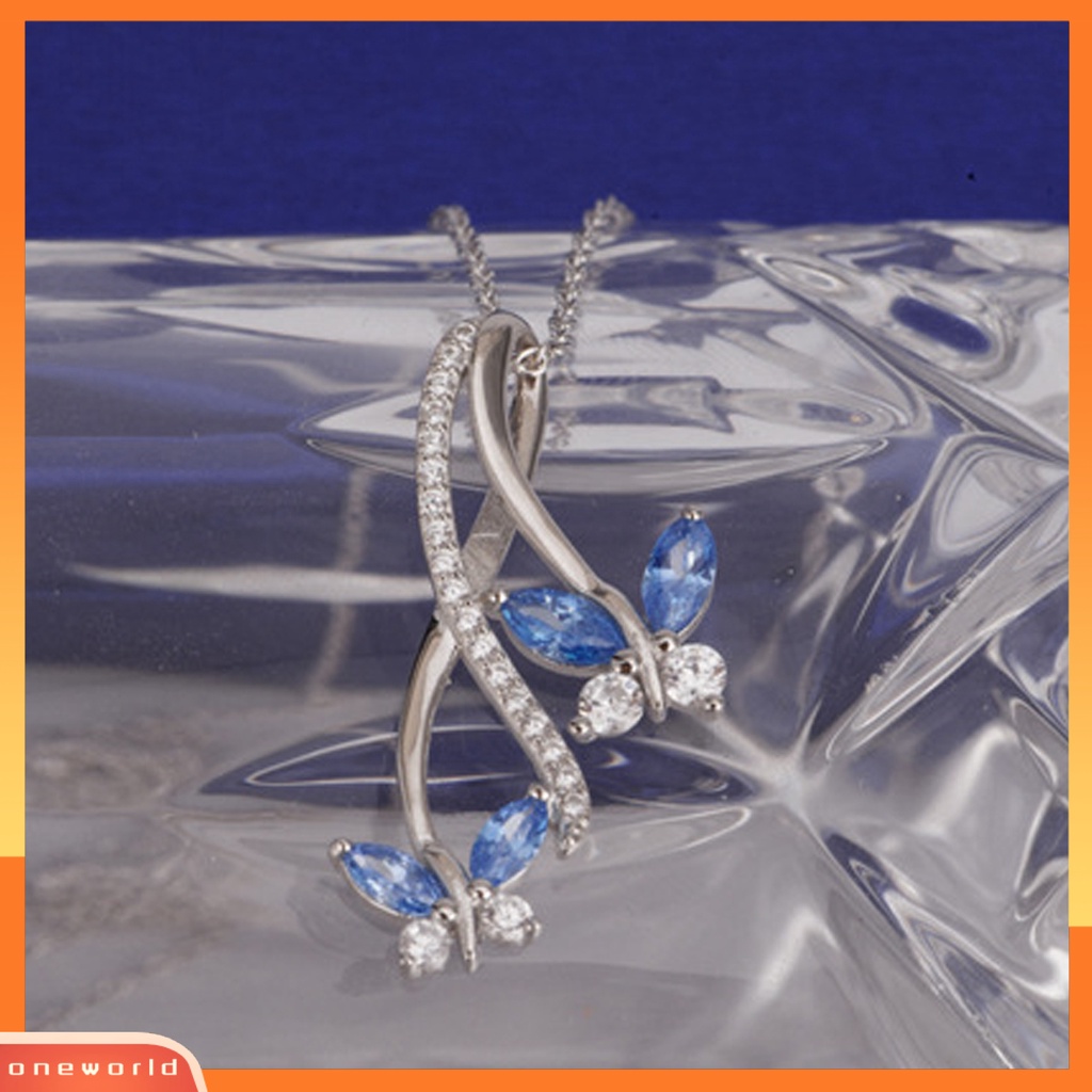 [ONE] Wanita Kalung Butterfly Biru Cubic zirconia Perhiasan Berkilau Electroplating Pendant Necklace Untuk Pernikahan