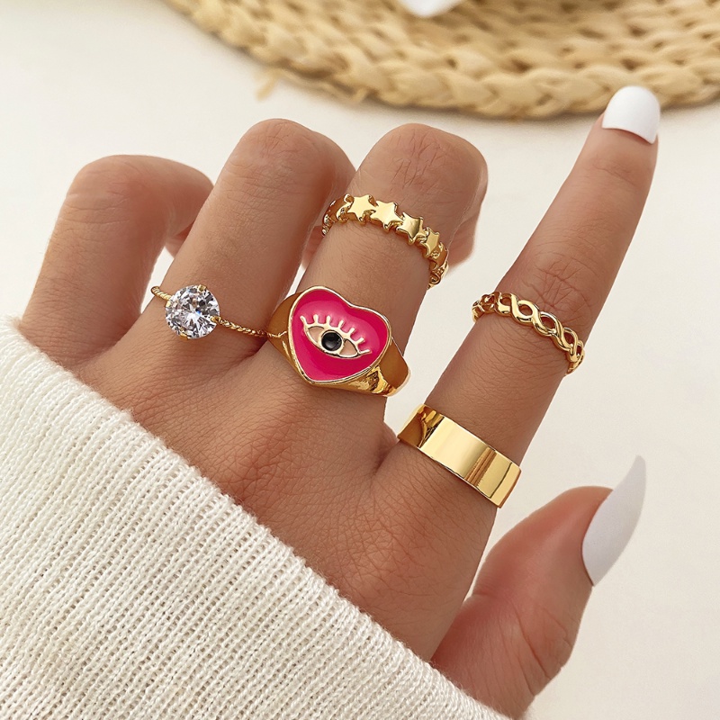 5/6pcs Cincin Cinta Ular Dengan Bor Piring Lebar Mawar Merah Lem Drop Eyes Pentagram Square Diamond Twist Mutiara Suit Jewelry