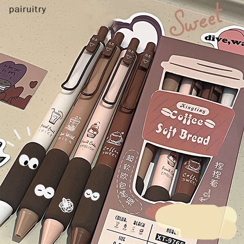 Prt 4pcs Coffee Soft Bread Gel Pen Set 0.5mm Tinta Warna Hitam Untuk Wrig Perlengkapan Alat Tulis Kantor Sekolah PRT
