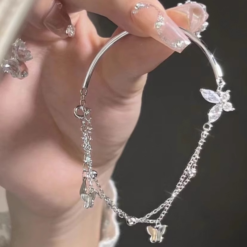 Kami Bunga Korea Indah Perak Rumbai Rantai Kupu-Kupu Pesona Gelang Untuk Wanita Gadis Romantis Pergelangan Tangan Rantai Bangle Bracelets Perhiasan Aksesoris