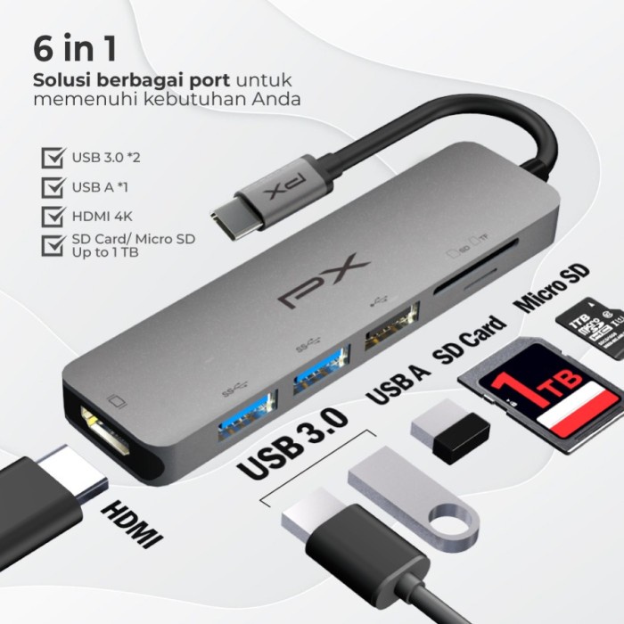 Type C 3.1 to HDMI Hub Converter USB Micro SD Card 6 in 1 PX UCH160