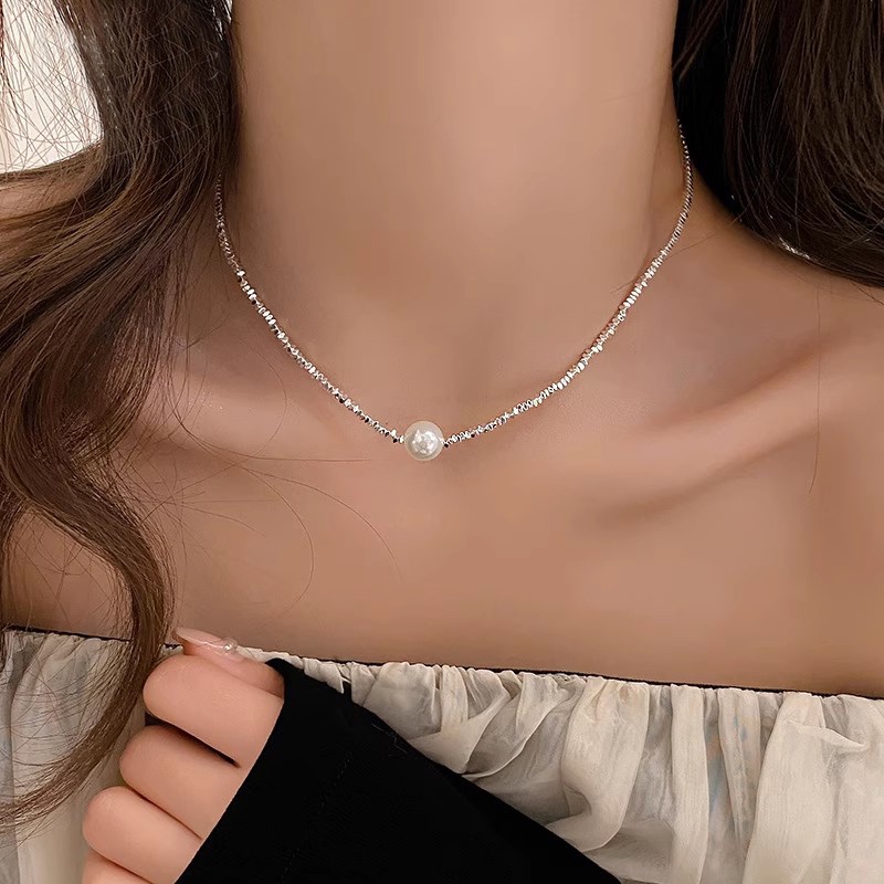 Roselife Mewah S925 Perak Kecil Geometris Payet Manik-Manik Mutiara Liontin Choker Pendek Kalung Untuk Wanita Perempuan Elegan Engagment Meeting Dinner Pesta Kalung Perhiasan