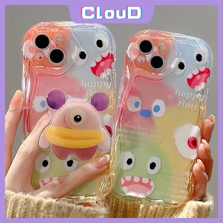 Untuk Oppo A17 A15 A57 A55 A77 A53 A76 A1k A16 A74 A54 A96 A5 A16K A16s A5s A3s A95 A92 A31 A52 A17k A16E A12 A54s A9 A7 3D Wavy Curved Edge Cute Little Monster Kartun Bracket Case