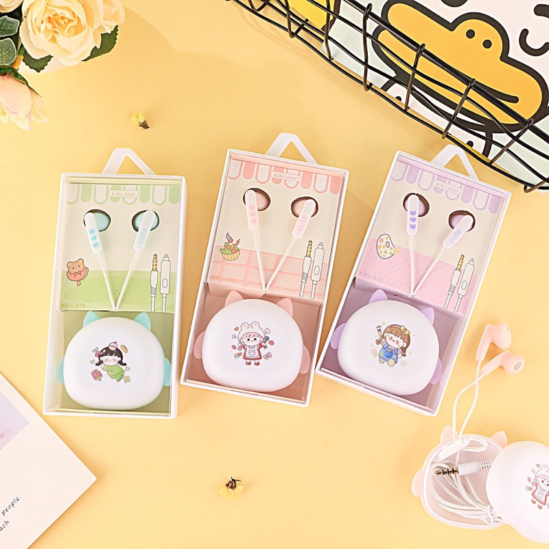 [ KI 370 ] Set Headset Earphone motif girl so imut  + Wadah penyimpanan Earphone Motif