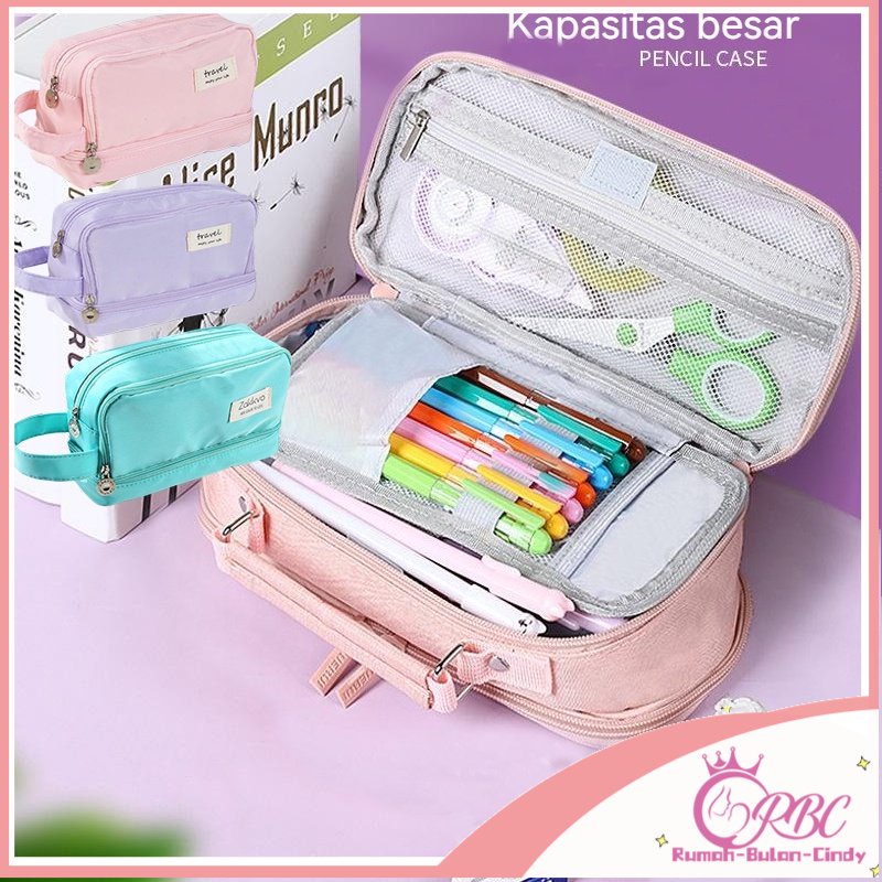 【Gratis Stiker】Kawaii Large Capacity Pencil Case 3 Compartment Pouch Pen Bag Double Side Opening Student Stationery Organizer School Supplies