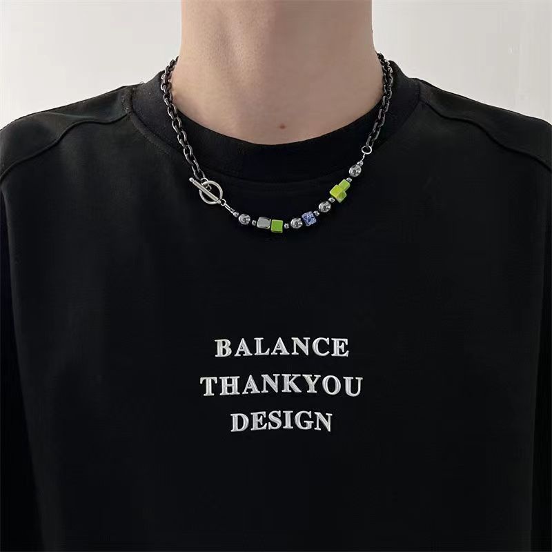 Warna-warni Jahitan Persegi Hitam Mutiara Pria Kalung Baja Titanium, Gelang Kuba, Kalung Kuba, Kalung Pria