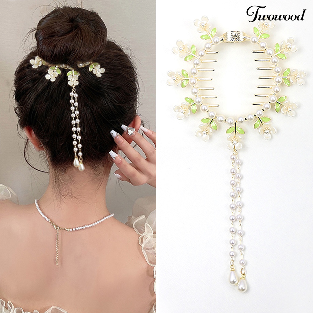 Twowood Lady Ponytail Claw Flower Decor Multi Teeth Rumbai Mutiara Imitasi Stainless Hiasan Rambut Ringan Pengantin Hair Bun Hair Card Aksesoris Rambut