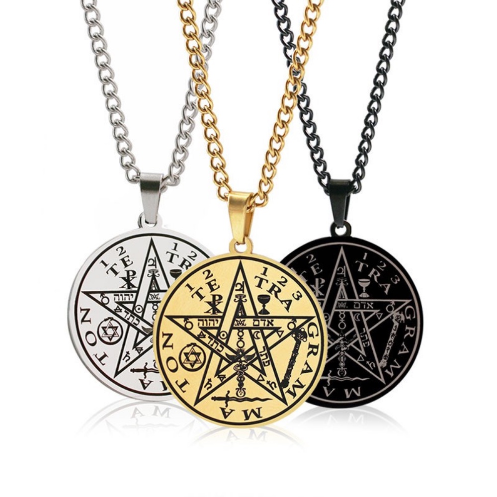 [X C Kalung] Baru Emas &amp; Perak Hip Hop Punk Vintage Pentagram Solomon Segel Kabala Jimat Baja Titanium Liontin Anti Karat Kalung Pria &amp; Wanita Festival Hadiah Perhiasan