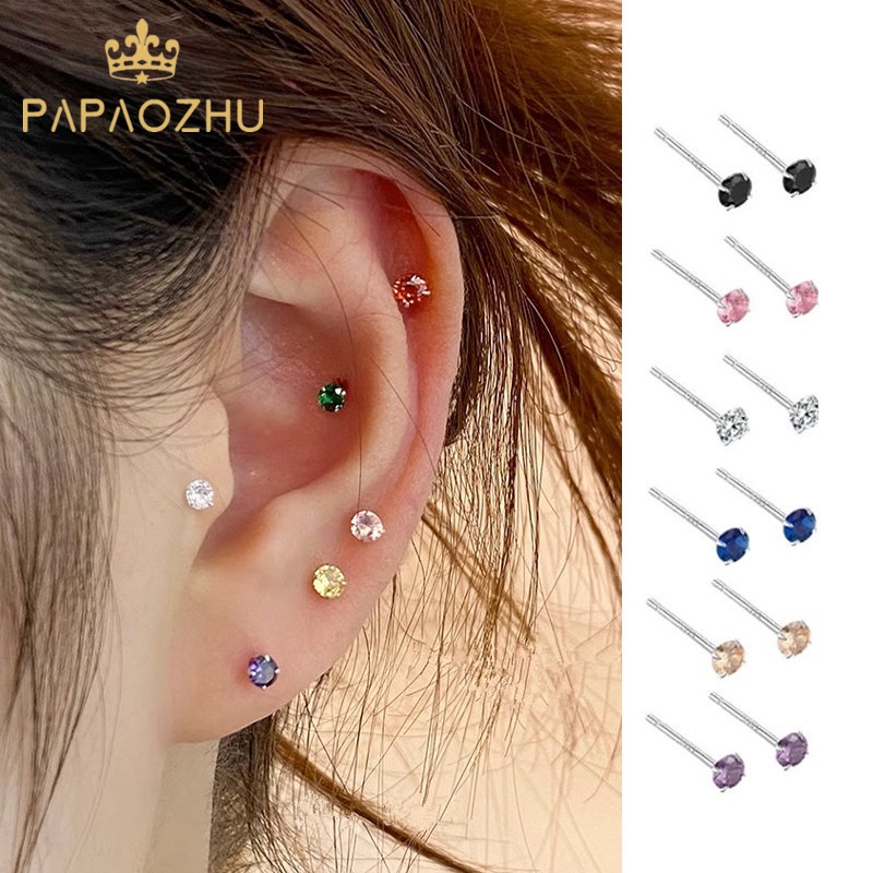 Papaozhu Trendi s925 Perak Glittery Kecil Warna-Warni Zirkon Stud Anting-Anting Untuk Wanita Pria Sederhana Fashion Bersinar Kristal Anting-Anting Tindik Telinga Perhiasan Hadiah