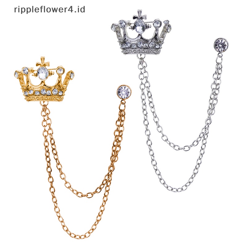 {rippleflower4.id} Korea Gaya Inggris Rantai Mahkota Bros Jas Rumbai Rantai Kerah Pin Lencana Retro Aksesoris Pria Hadiah Perhiasan Perjamuan Pernikahan~