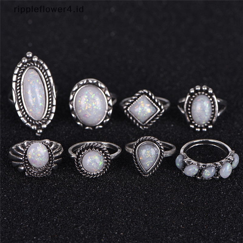 {rippleflower4.id} 8pcs /Set Cincin Perak Putih Api Opal Cincin Kawin Tunangan Cincin Wanita Perhiasan~