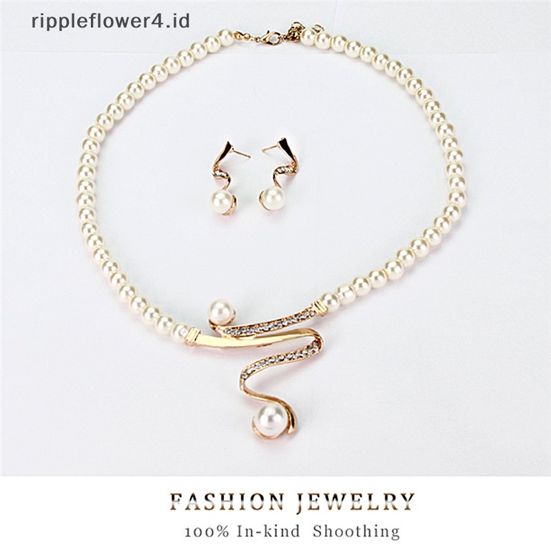 {rippleflower4.id} Baru Wanita Pengantin Pesta Pernikahan Mutiara Berlian Imitasi Kalung Anting Set Perhiasan~