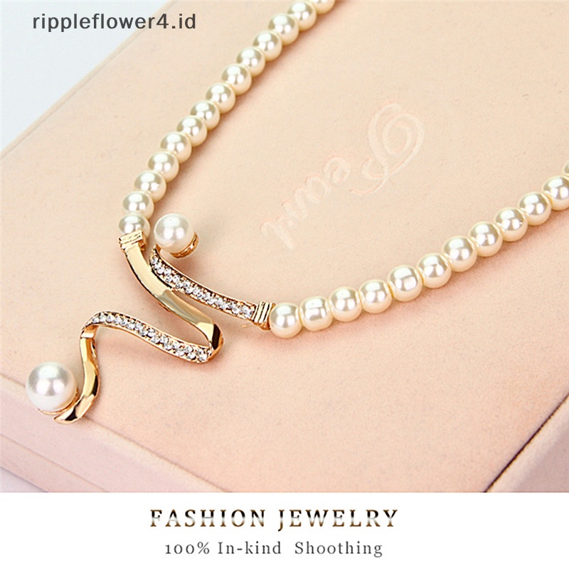 {rippleflower4.id} Baru Wanita Pengantin Pesta Pernikahan Mutiara Berlian Imitasi Kalung Anting Set Perhiasan~