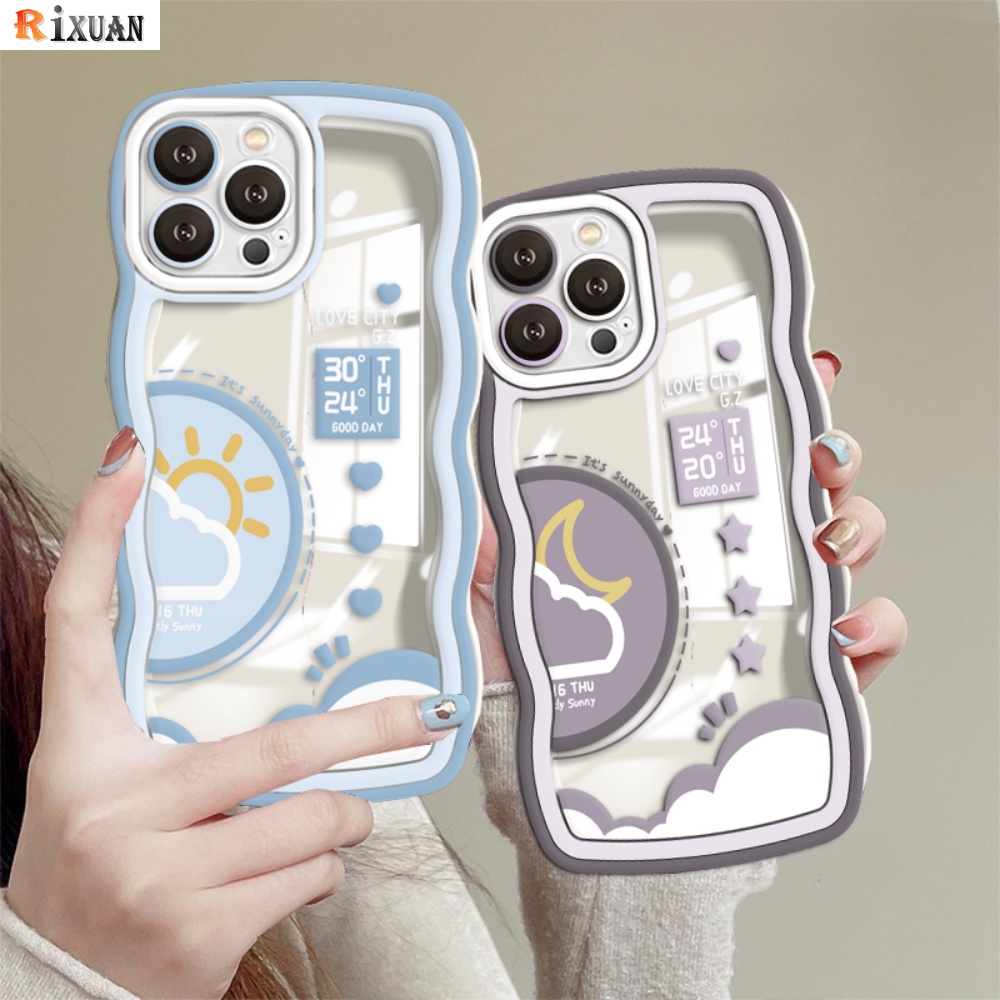 Casing Realme C55 C33 C35 C31 C30 C30s Realme 10 9i 8i 6i 5 7i C15 C25 C21Y C25Y C12 C1 C20 C3 C2 C1 Narzo 50 Prime Motif Awan Matahari Bulan Lucu Wavy Edge Clear Couple Case RIXUAN