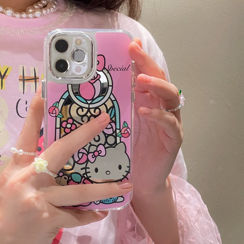 Fashion Silver Special Rose Hello Kitty Mirror Soft TPU Case iP iPhone 11 12 13 14 Pro Max New Woman Girl FTD Casing Apple