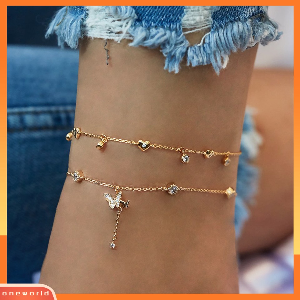 [WOD] Wanita All-match Kupu-Kupu Kecil Hati Berlapis Ganda Gelang Kaki Perhiasan