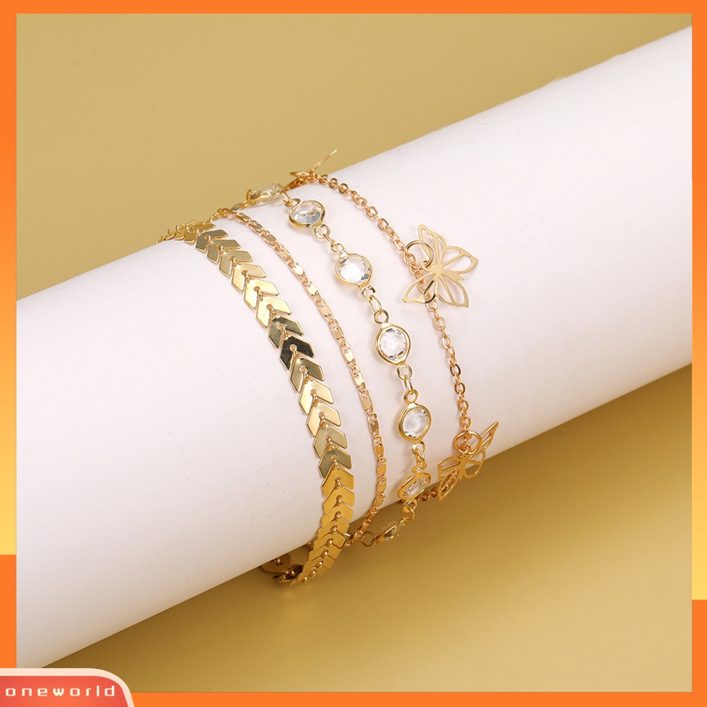 [WOD] 4 Pcs Pesona Gelang Kaki Kupu-Kupu Adjustable Rantai Dipanjangkan Kepribadian Hias Warna Emas Multilayer Gelang Kaki Set Perhiasan Aksesori