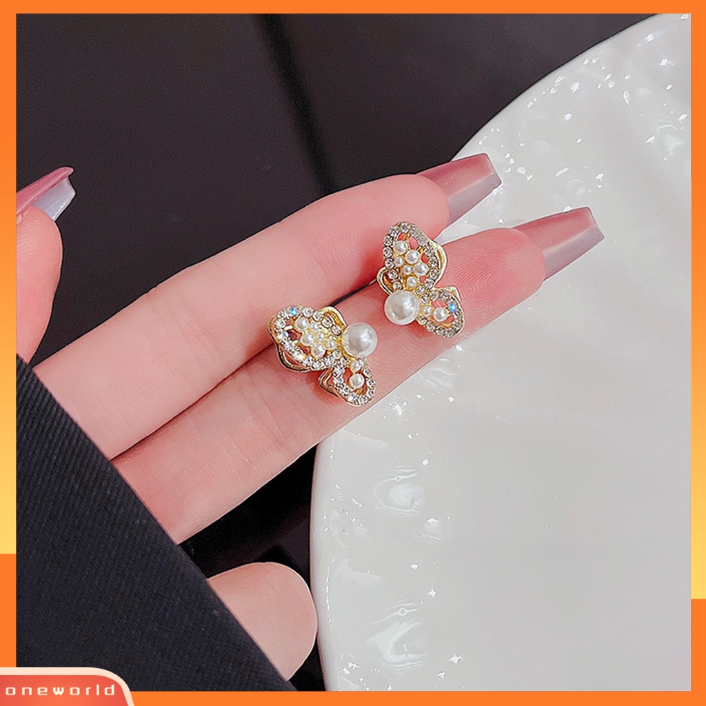 [WOD] 1pasang Anting Tusuk Wanita Kupu-Kupu Mutiara Imitasi Gaya Korea Rhinestones Ear Studs Untuk Pesta Pernikahan Perjamuan Prom