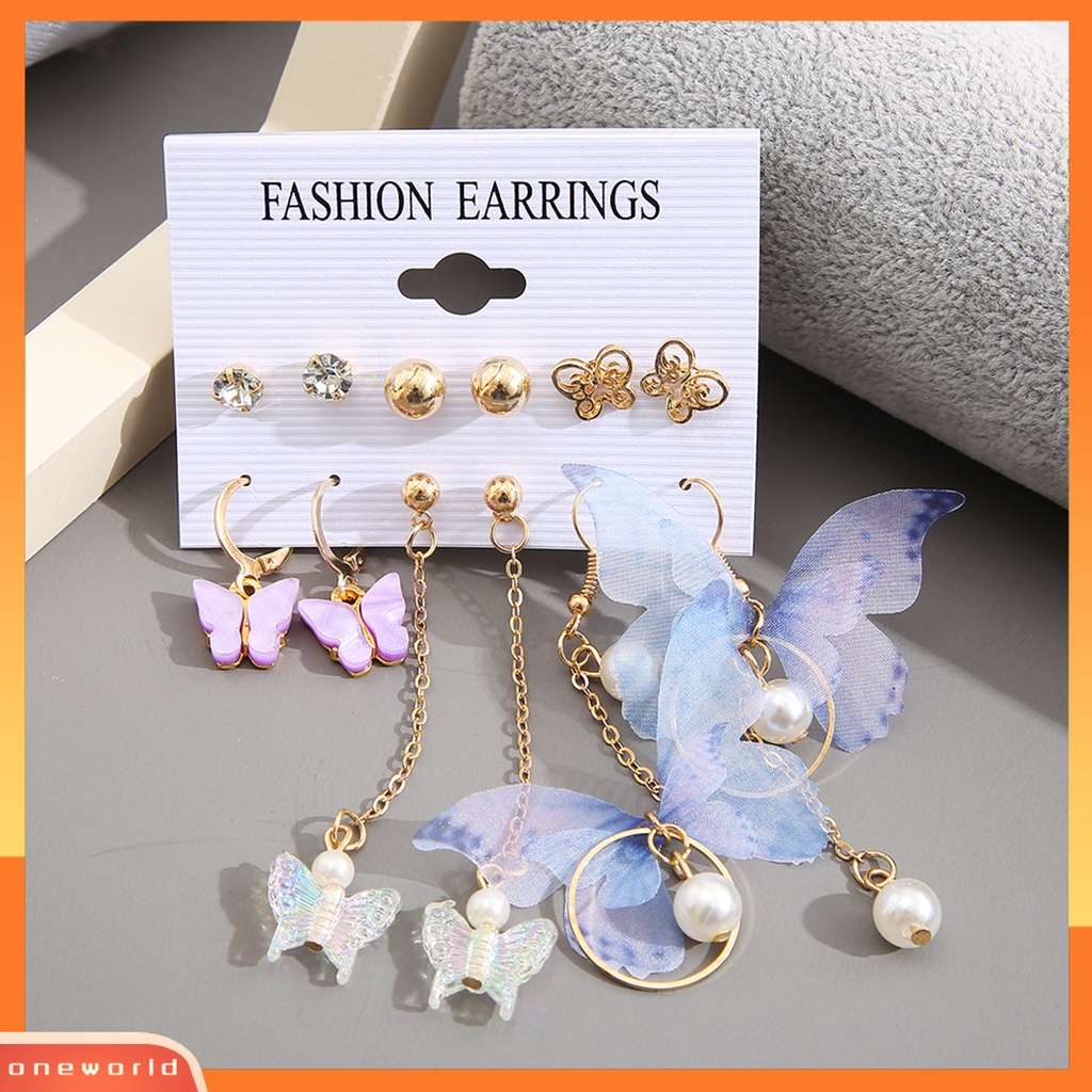 [WOD] 6pasang Anting Menjuntai Rumbai Panjang Berlian Imitasi Mengkilap Asimetris Kilau Terang Semua Pertandingan Dekorasi Hadiah Wanita Kupu-Kupu Mutiara Imitasi Pendant Earrings Ear Studs Untuk Perjamuan