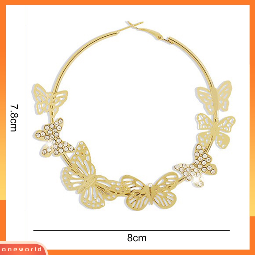 [WOD] 1pasang Anting Hoop Vintage Geometris Berlebihan Berlian Imitasi Mengkilap Hias Dekorasi Hadiah 3D Berongga Keluar Kupu-Kupu Wanita Anting Lingkaran Untuk Perjamuan