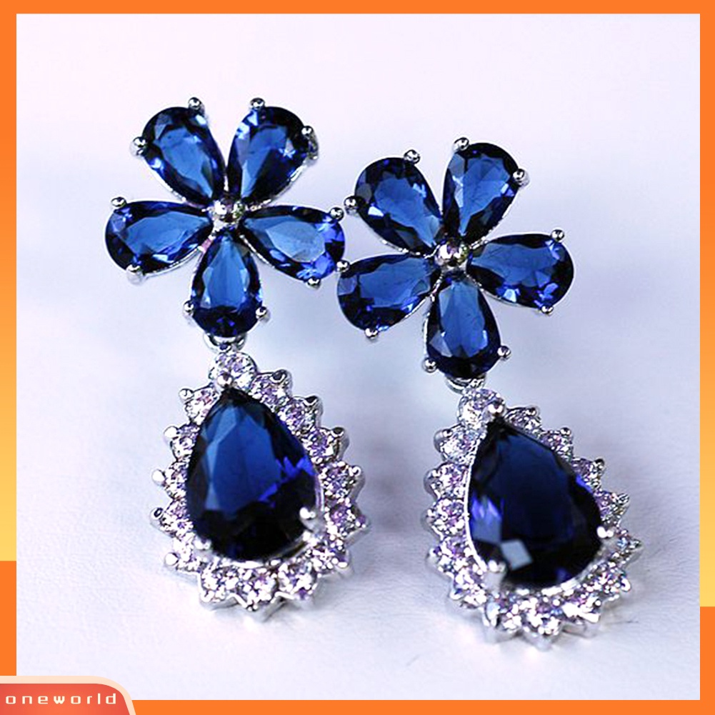 [WOD] Fashion Wanita Bunga Drop Pear Liontin Berlian Imitasi Menjuntai Stud Anting Perhiasan