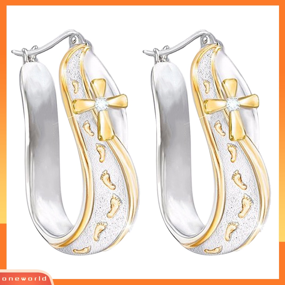 [WOD] Fashion Dua Warna Jejak Kaki Cross Sign Berlian Imitasi Wanita Huggie Hoop Earrings