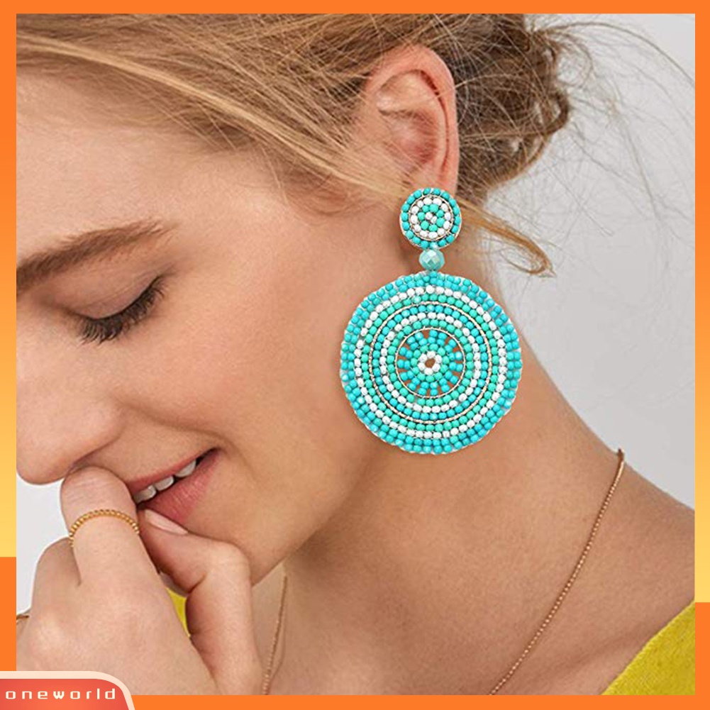 [WOD] Bohemian Wanita Manik-Manik Putaran Pesona Statement Anting Handmade Anyaman Perhiasan Hadiah
