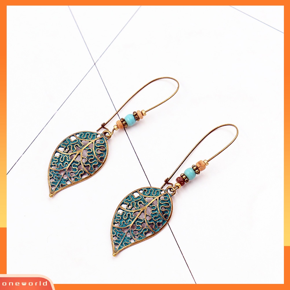 [WOD] Retro Berongga Daun Liontin Imitasi Pirus Manik-Manik Anting Wanita Pernyataan Perhiasan