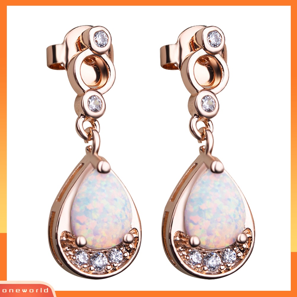 [WOD] Wanita Bling Berlian Imitasi Hias Imitasi Opal Droplet Pendant Stud Earrings Perhiasan