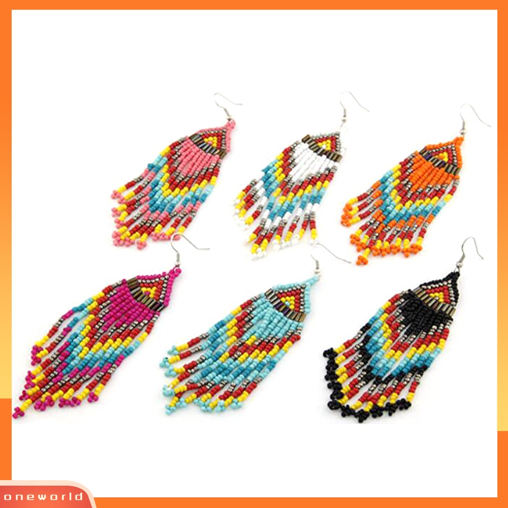 [WOD] Bohemian Wanita Pesta Multicolor Beads Drop Menjuntai Statement Earrings Perhiasan
