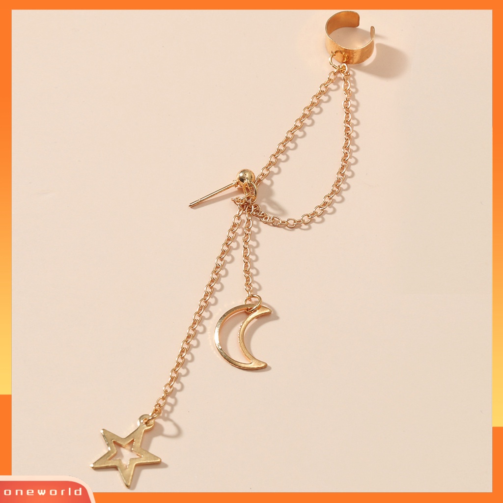 [WOD] 1pc Wanita Klip Anting Warna Solid Stainless Gaya Hip Hop Bentuk Bulan Panjang Rumbai Tulang Rawan Earrings Jewelry