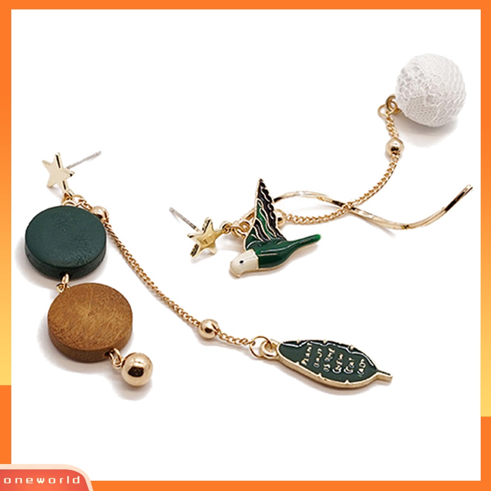 [WOD] Fashion Wanita Panjang Rumbai Daun Burung Asimetris Menjuntai Stud Earrings Perhiasan