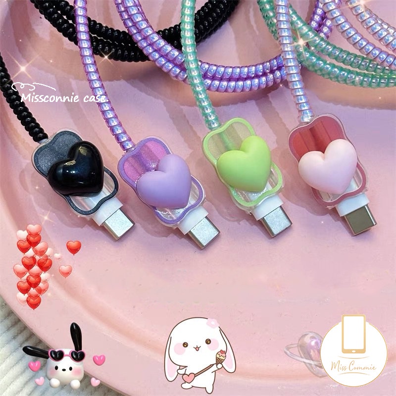 Cute 3D Permen Macaron Color Gradient Love Heart Wavy Edge 5in1 Charger Protector Set Kompatibel Untuk Apple 18/20W Adaptor Charger Dengan Penutup Pelindung Gigitan Kabel