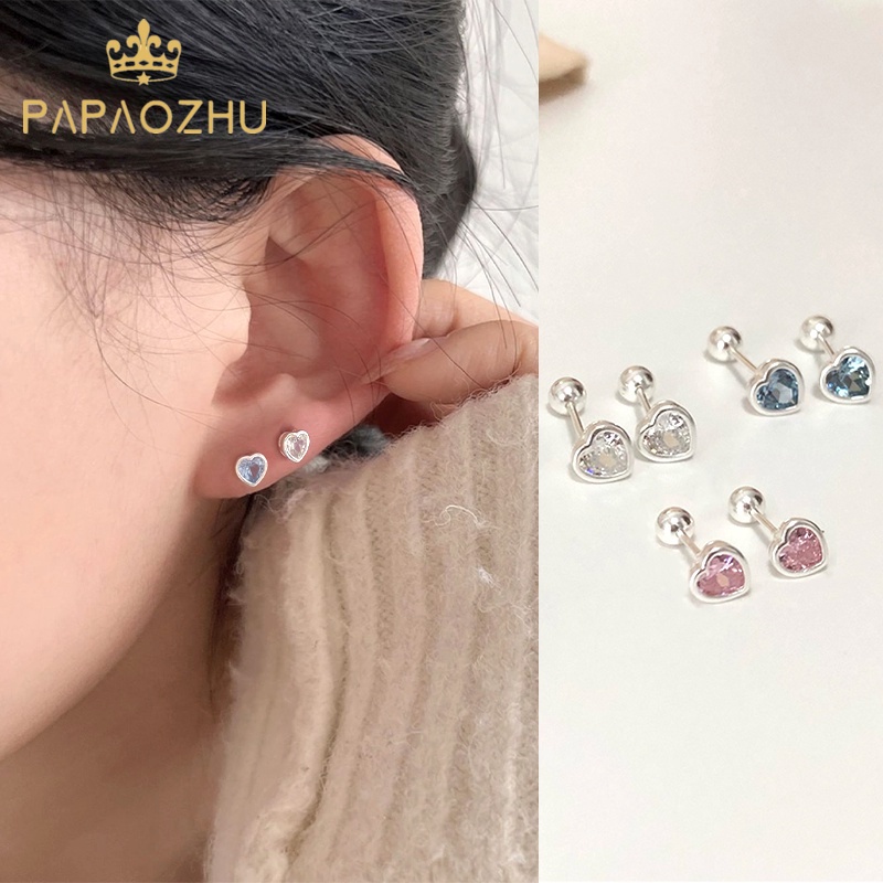 Papaozhu Chic S925 Perak Bersinar Pink Biru Zirkon Jantung Manik Stud Anting-Anting Untuk Wanita Perempuan Mewah Berkilau Kristal Peach Jantung Anting-Anting Manis Telinga Aksesoris