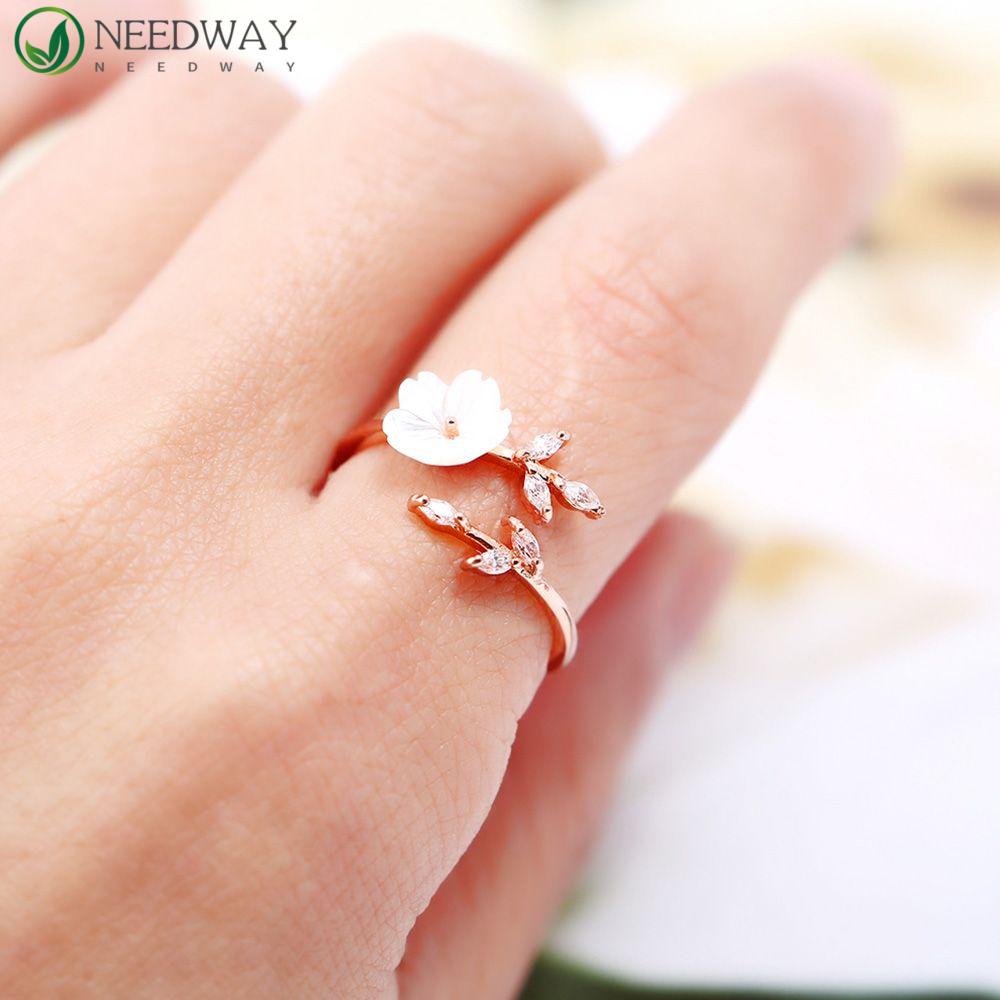 Needway Cincin Terbuka Daun Rose Gold Putih Zircon Shell